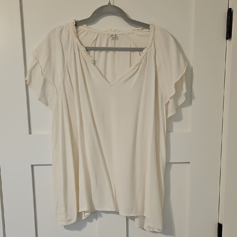 Old Navy Cream Flutter Sleeve Blouse Asymmetrical Relaxed Fit